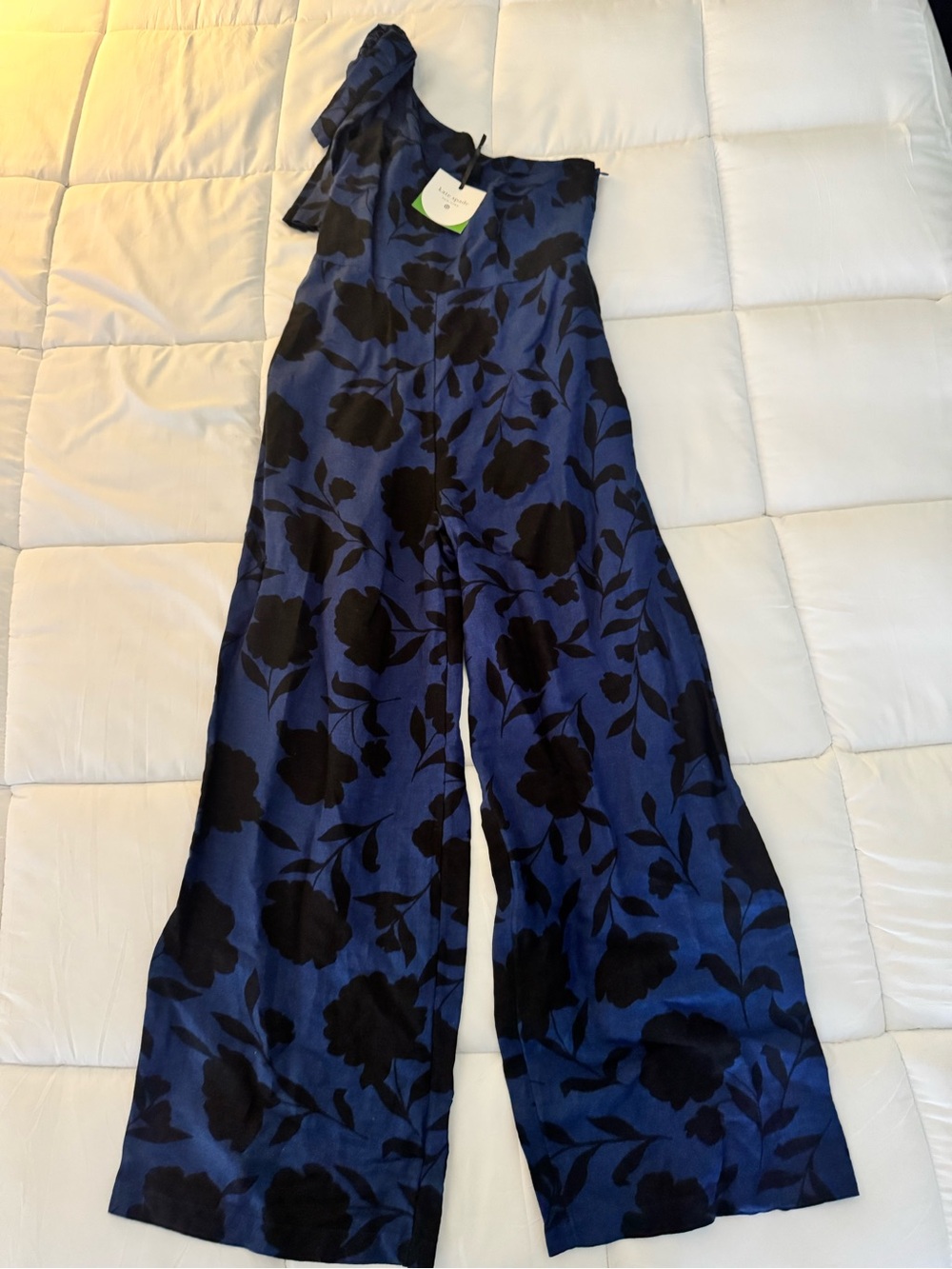 kate spade Navy Blue and Black One-Shoulder Floral Wide-Leg Jumpsuit